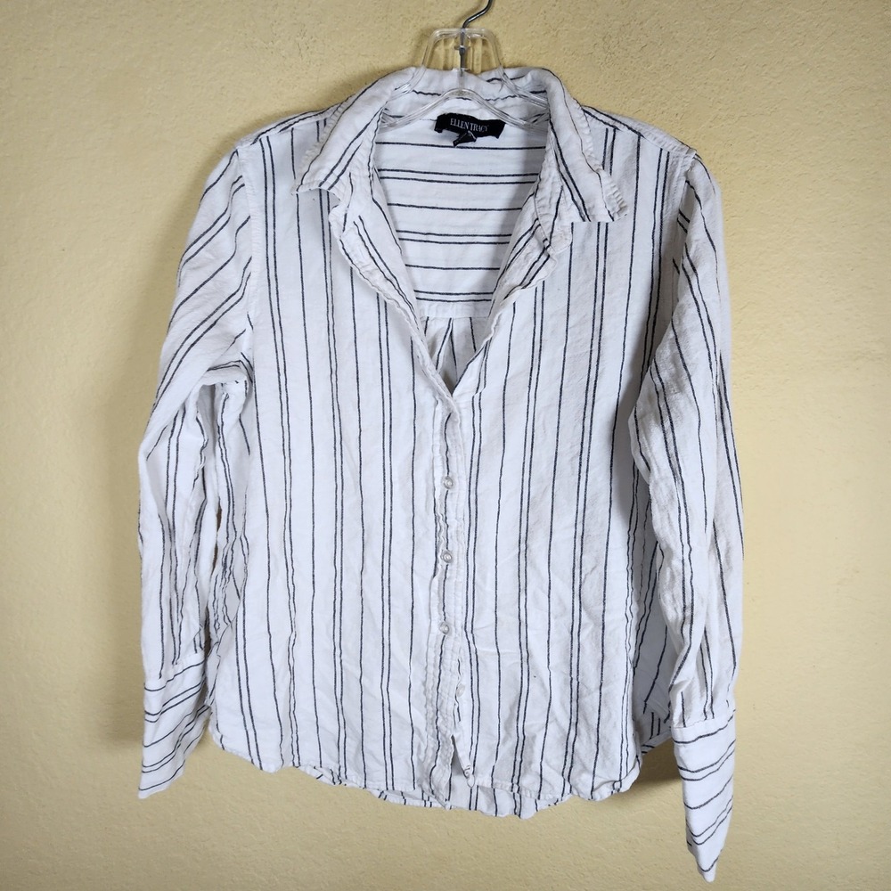 Ellen Tracy Linen Blue Stripe Shirt‎ academia teacher office professional Sm